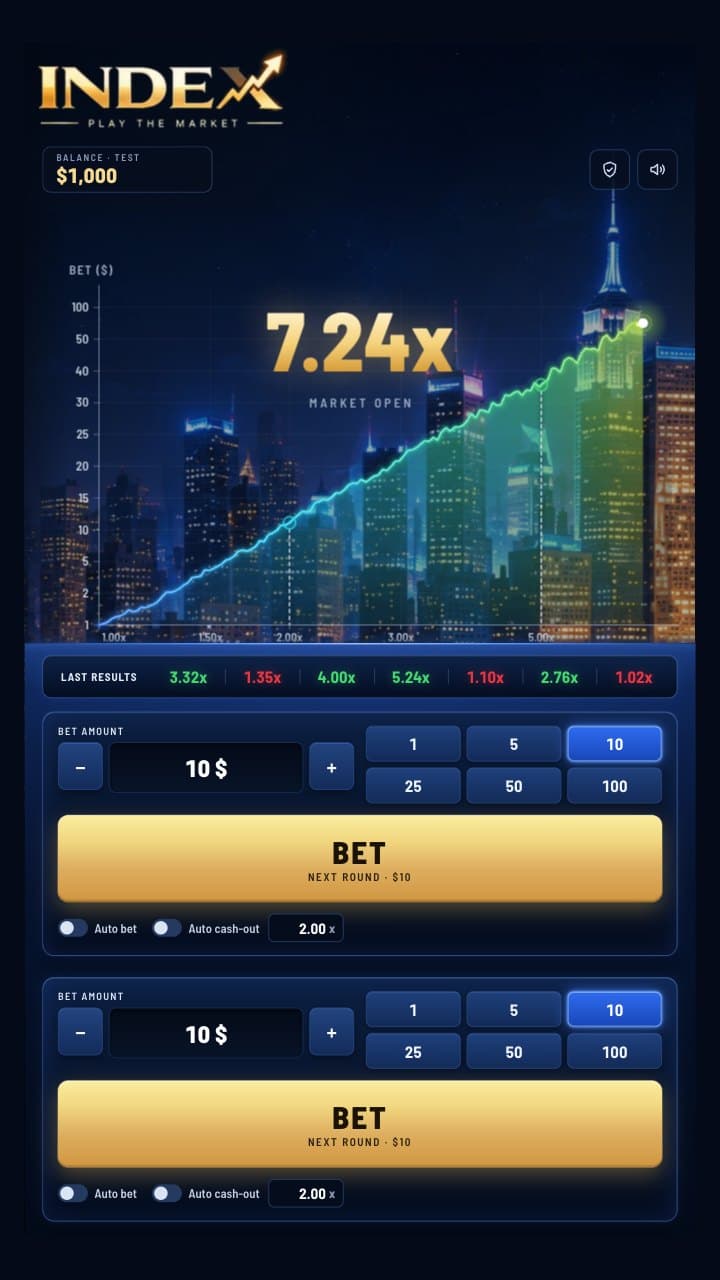 Index on a phone — the market chart above, the two bet panels stacked below