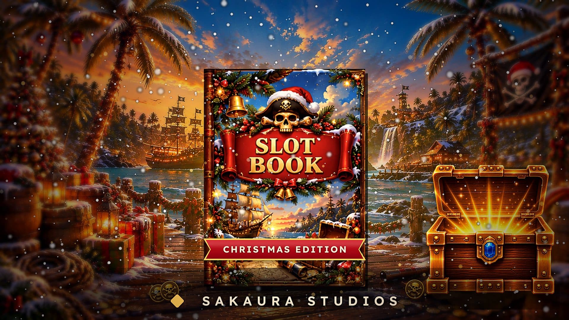 Slotbook Christmas Edition key artwork — the Christmas book on a snowy pirate harbour beside an open treasure chest
