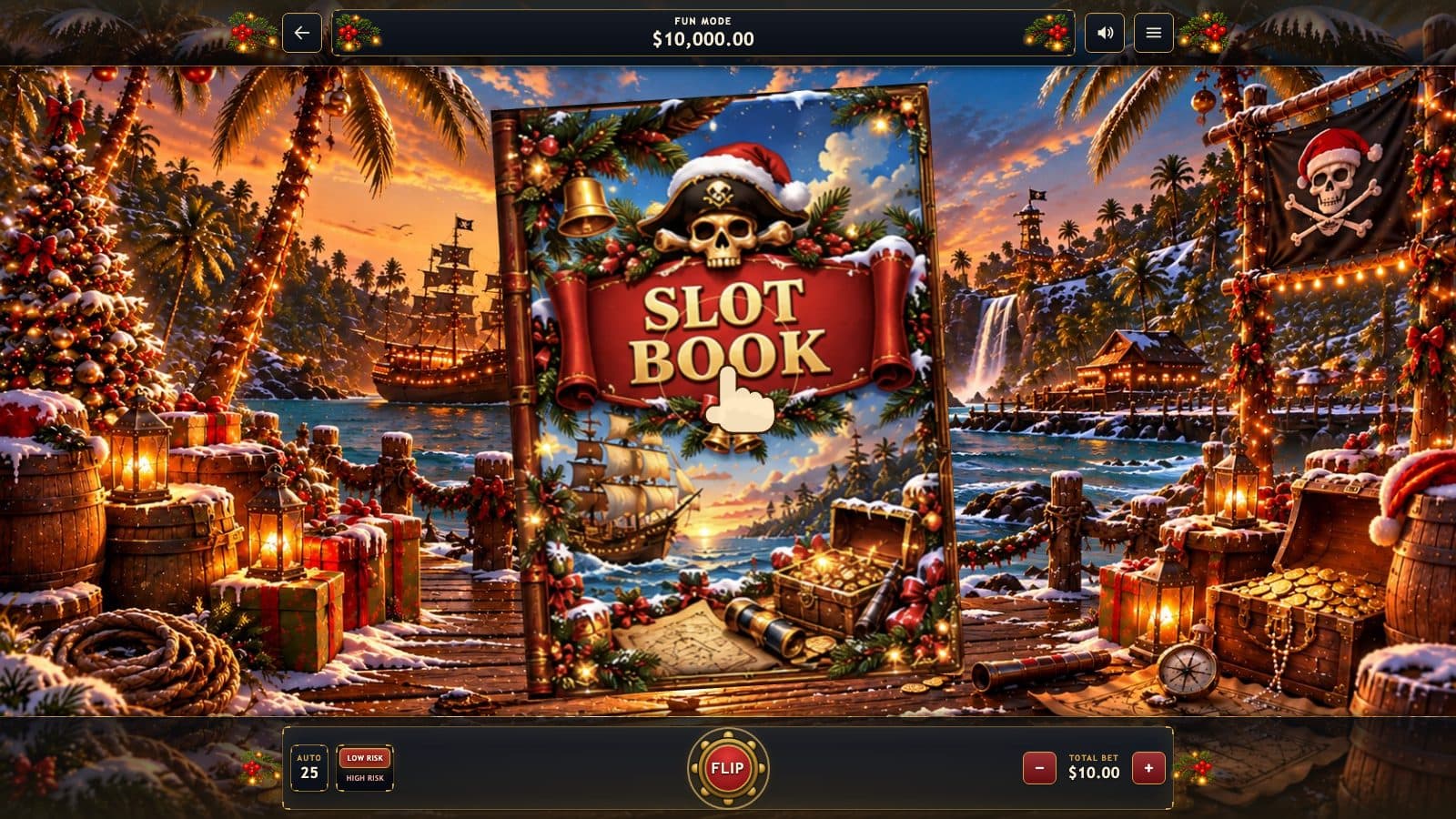 Slotbook at Christmas — the Christmas book on the winter harbour, with the FLIP wheel and the bet below