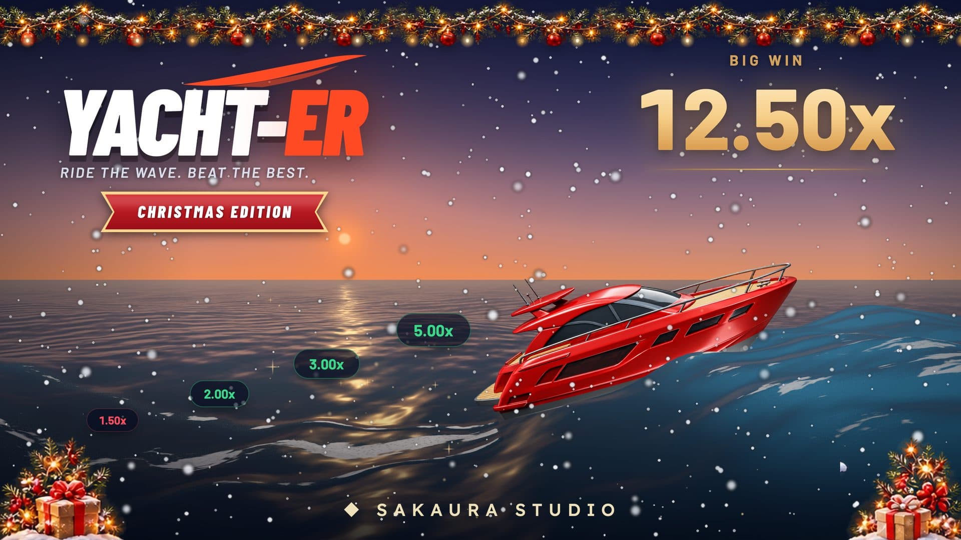 Yachter Christmas Edition key artwork — the yacht at speed under a garland, with snow falling over the sea
