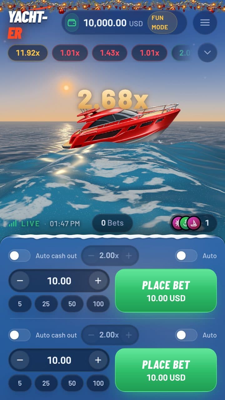 Yachter at Christmas on a phone — the stage under falling snow, the two bet slots below