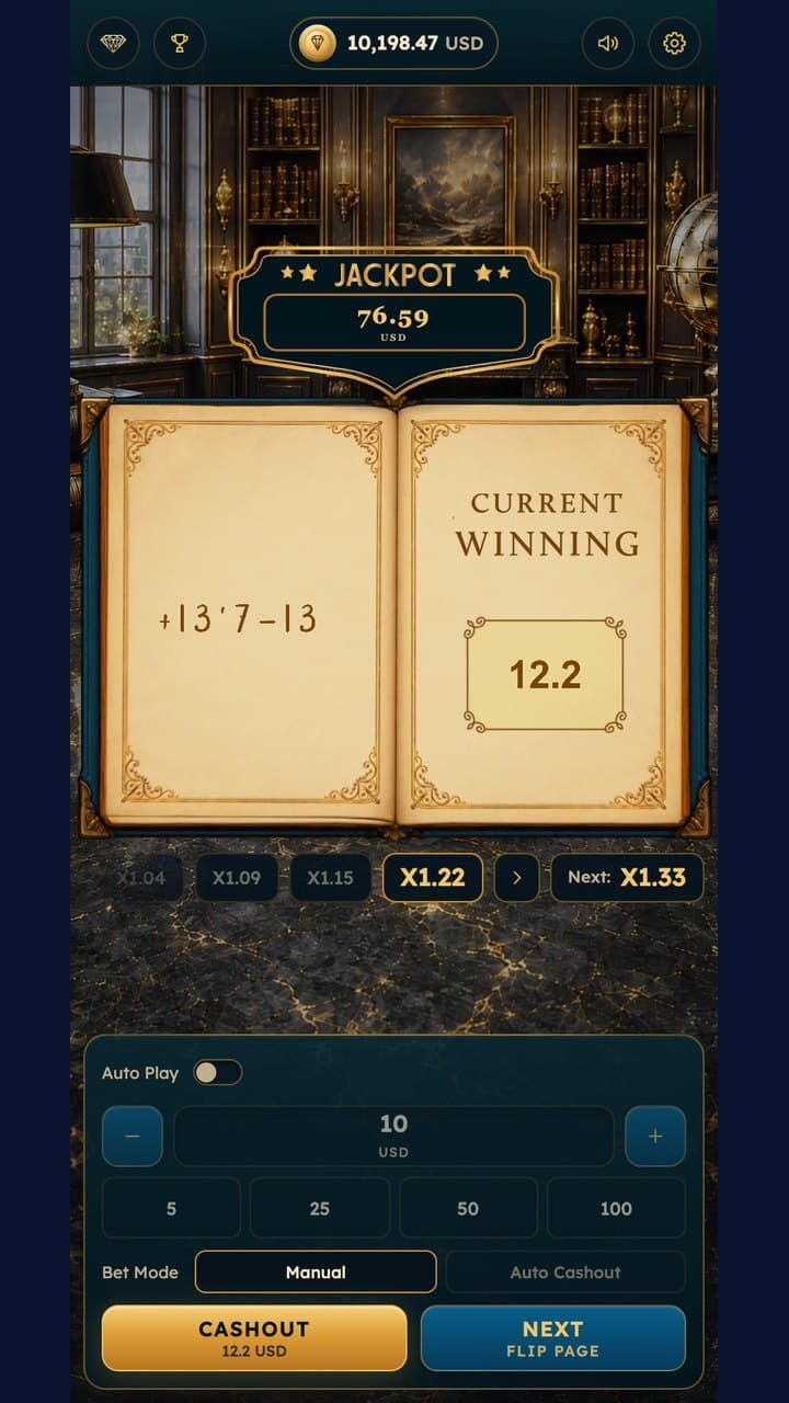 Crashbook on a phone — a round in play, showing the current multiplier, the next rung and the cash-out button