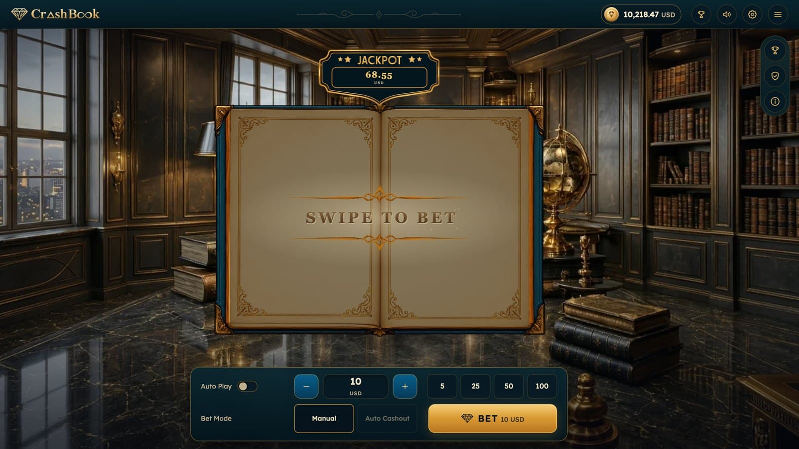 Crashbook between rounds — the reading room, the jackpot meter and the bet panel