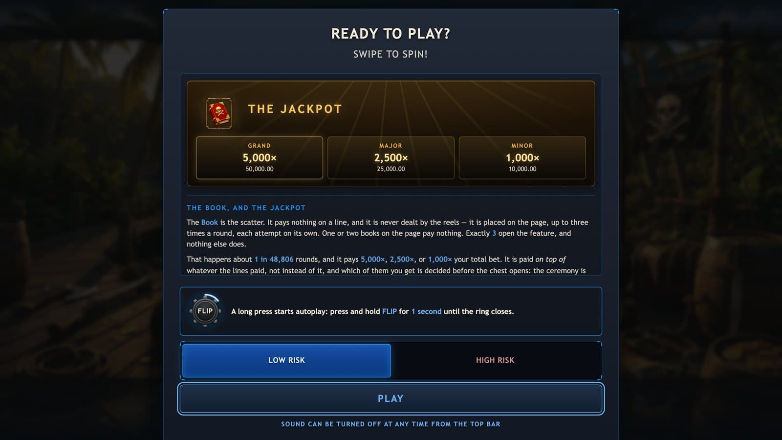 Slotbook's opening screen, showing the three jackpot tiers and how the book scatter opens them
