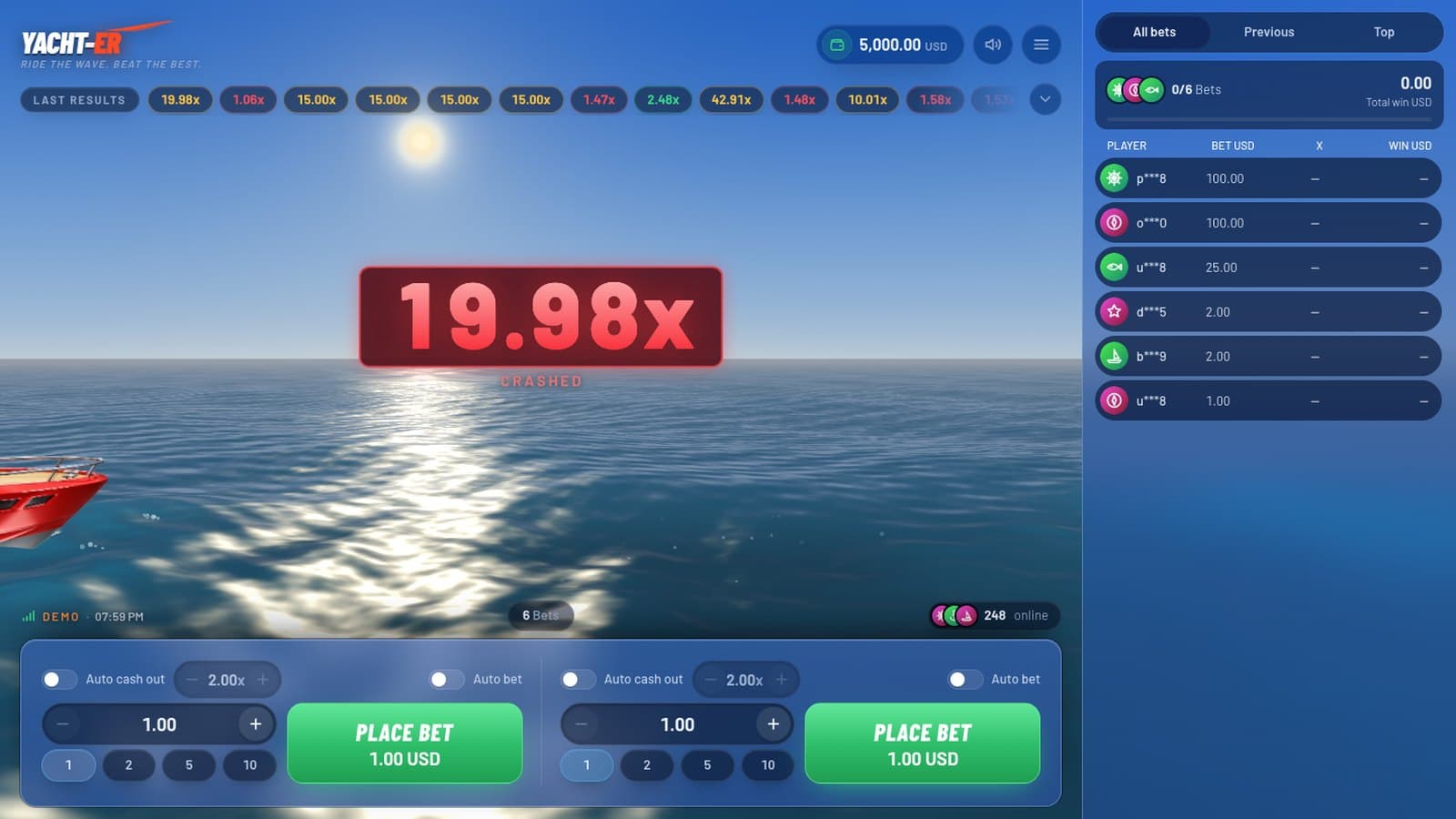 The end of a Yachter round — the crash multiplier in red as the yacht leaves the frame
